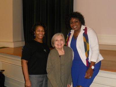 Photograph of Georgene Clark (Chair of the Diversity Advisory Committee), Dorothy Shawhan (Brown Bag presenter and Chair Emerita of the Div. Of Lang. and Lit.), and Paulette Meikle (Chair of the Gender Studies Group)